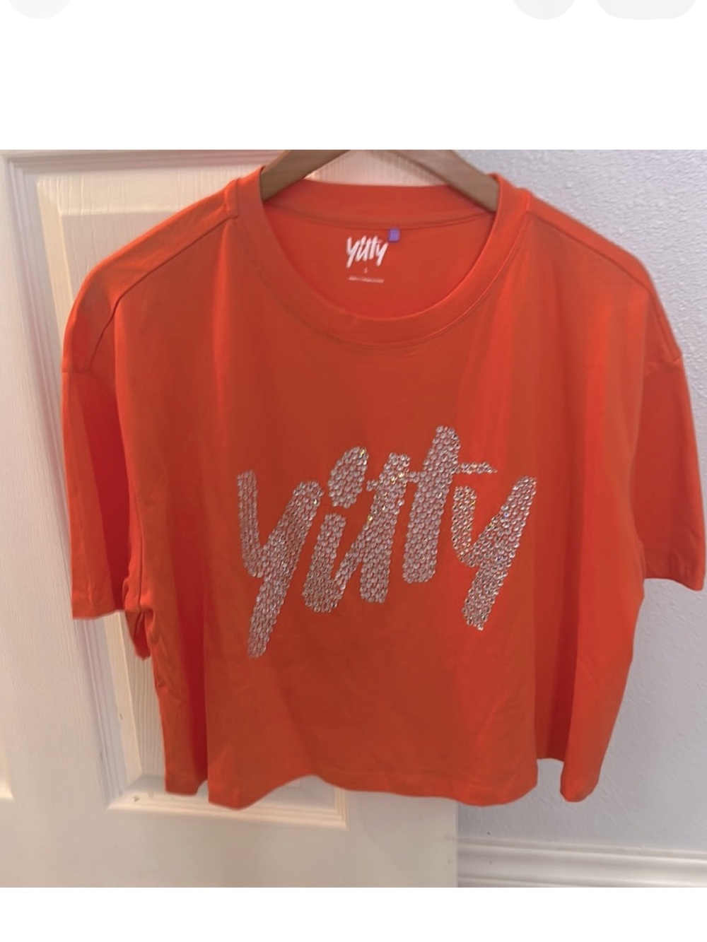 YITTY Orange Bedazzled Rhinestone Cropped T Shirt Fall Statement Top